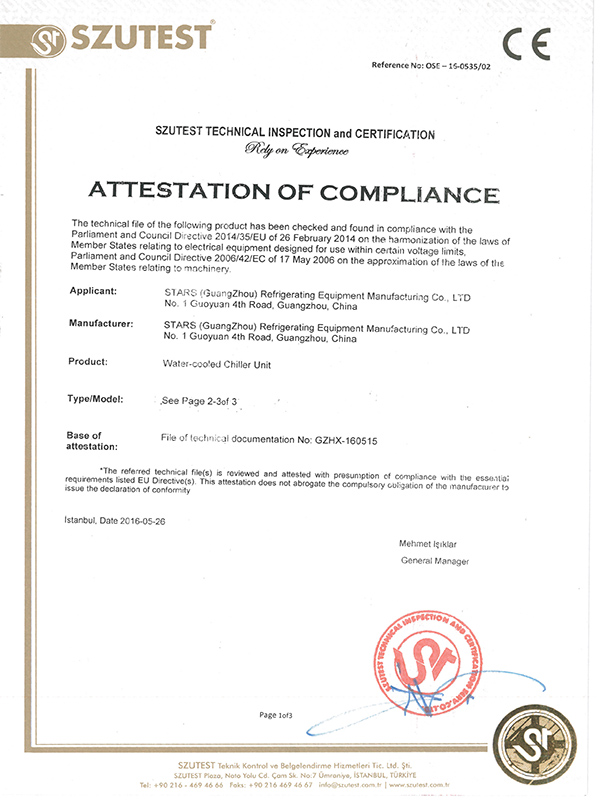 CE-Zertifikat wassergekühlte Kühler